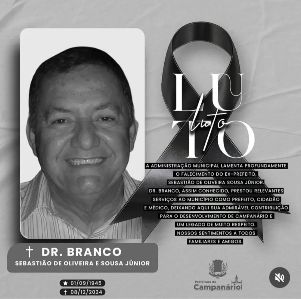 A prefeitura de Campanário prestou homenagem ao falecimento do ex-prefeito Dr. Branco em suas redes sociais.